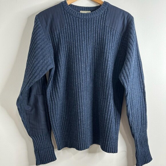 L.L.Bean Commando Sweater Mens Medium Blue Merino Wool Ribbed Crewneck Patches - Picture 1 of 9